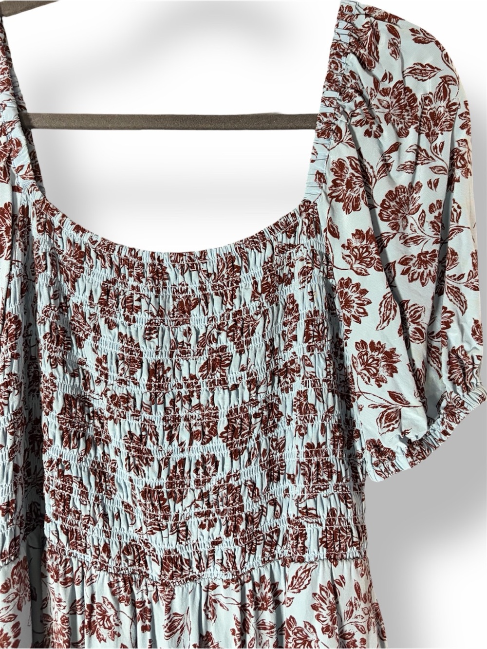 MADEWELL Smocked Puff-Sleeve Midi Dress Blue Brown Floral 6 - Picture 7 of 10